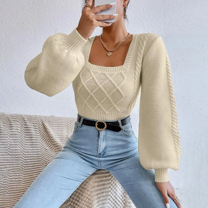 Minimalist Solid Color Square Neckline Sweater - ChicVix