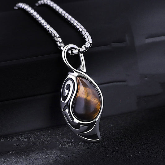 Men's Simple Tiger Eye Stone Pendant Necklace - Bold Korean Style - ChicVix