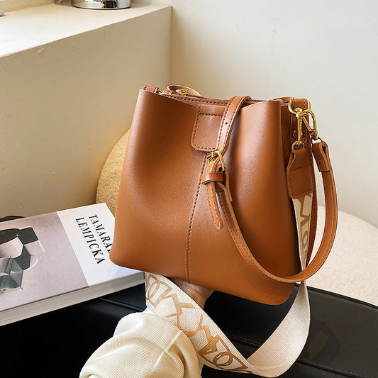 Women's French-Inspired Bucket Bag with Wide Shoulder Straps - Minimalist Soft PU Leather