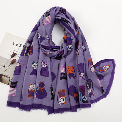 Cartoon Cat Print Long Scarf for Autumn and Winter – Stylish Versatile Warmth - ChicVix