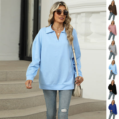 Chic Lapel V-neck Sweatshirt - Casual Loose Long-sleeved Pullover for Women