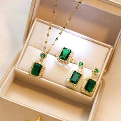 Elegant Emerald Pendant Necklace, Earring, and Ring Set - Hong Kong Style Luxury Jewelry - ChicVix