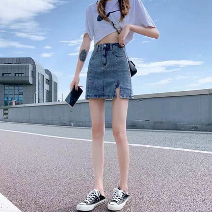 Women's High Waist A-Line Denim Slit Skirt - Urban Style Summer Slimming Skirt - ChicVix