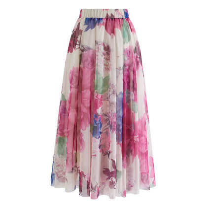 Ladies' Floral Print Micro-Elastic Mid-Length Skirt - ChicVix