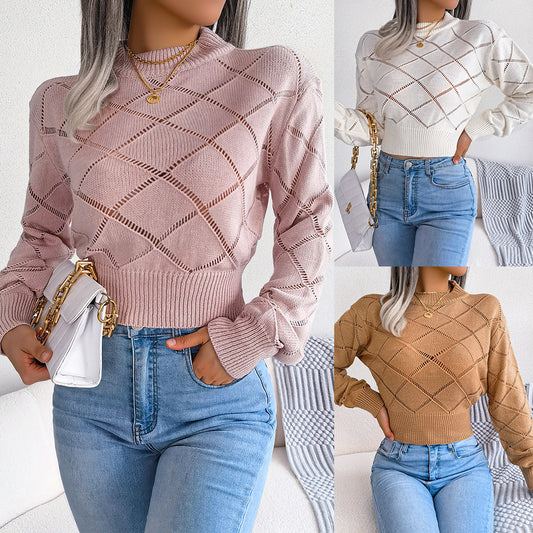 Trendy Hollow Plaid Long Sleeve Cropped Knit Sweater