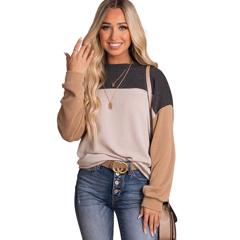 Casual Color-Block Long Sleeve Top - European & American Fashion - ChicVix