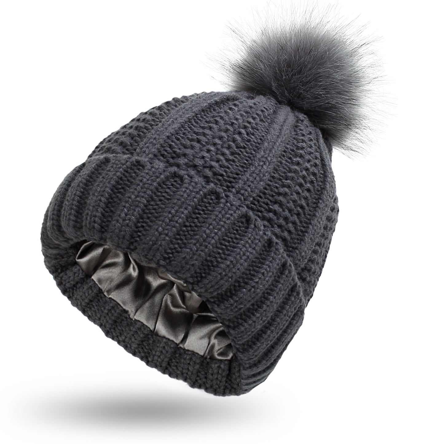 Fashion Stretchy Satin-Lined Skull Knit Beanie Hat for Women - Faux Fur Pom Pom Winter Hat - ChicVix