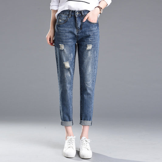 Stylish Ripped Jeans for Women – Dark Denim Pencil Pants