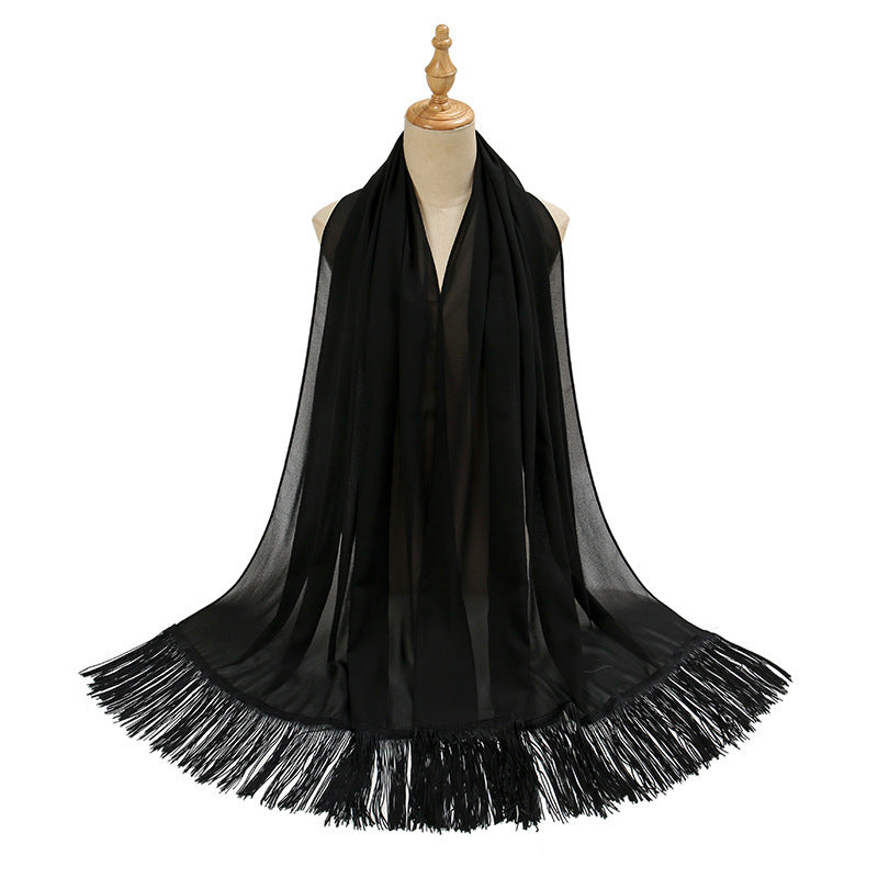 Pearl Chiffon Decorative Scarf with Long Fringe & Bubble Towel Texture – Elegant and Warm