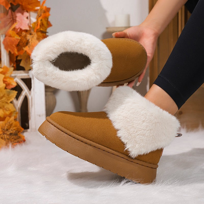 Winter Plush Snow Boots – Fashion Round Toe Flat Thickened Suede Cotton Shoes for Women