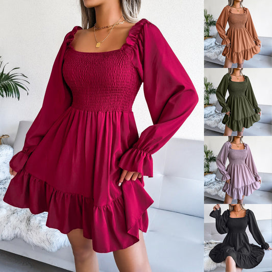 Women’s Flared Long Sleeve Square Neck Ruffled Swing Dress