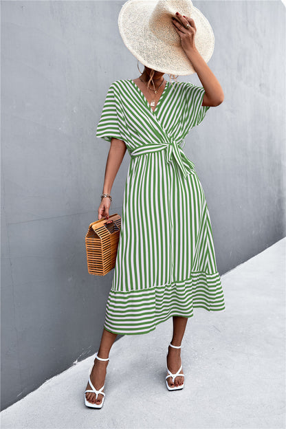 European & American Spring/Summer Cross V-Neck Lace-Up Striped Maxi Dress