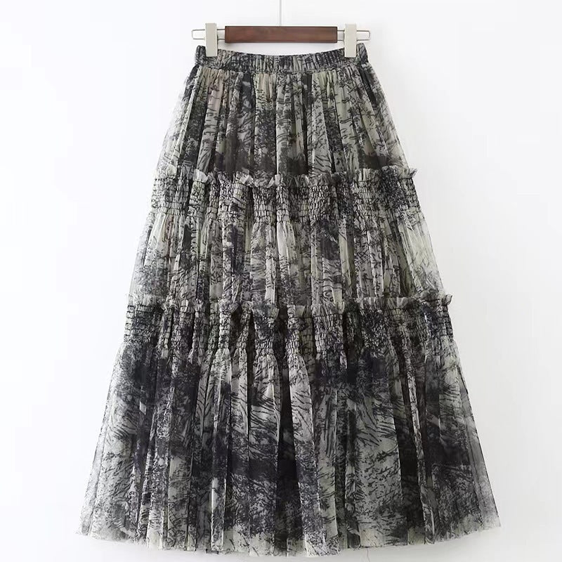 Ink Print Mesh Skirt with Elastic Waist and Layered Design - ChicVix