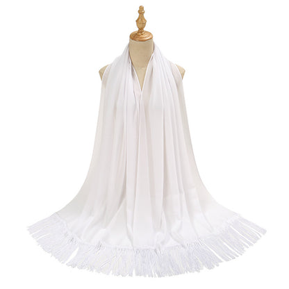 Pearl Chiffon Decorative Scarf with Long Fringe & Bubble Towel Texture – Elegant and Warm