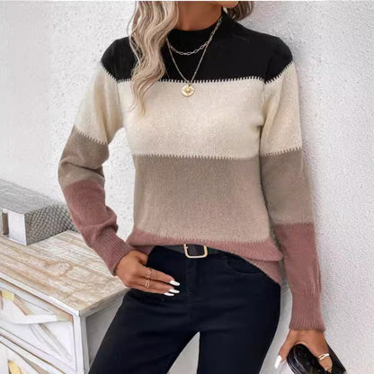 Casual Contrast Color Round Neck Knit Pullover Sweater with Long Sleeves