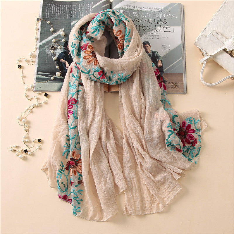 Embroidered Cotton Scarf with Floral Hook Design – Elegant Women's Accessory