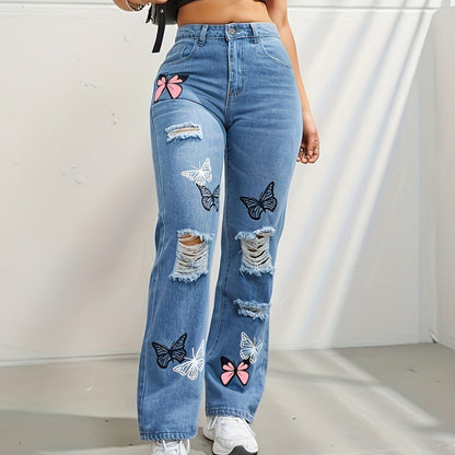 High Waisted Straight Leg Jeans for Women – Trendy Butterfly Print Ripped Distressed Denim Pants - ChicVix