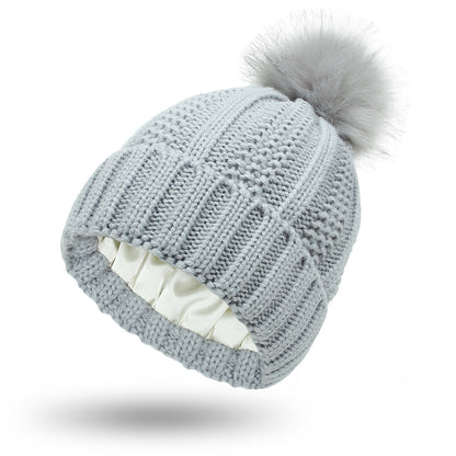 Fashion Stretchy Satin-Lined Skull Knit Beanie Hat for Women - Faux Fur Pom Pom Winter Hat - ChicVix