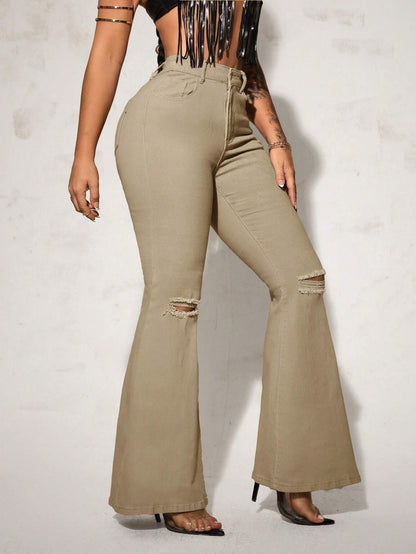 SHEIN SXY High-Waisted Ripped Flare Leg Jeans