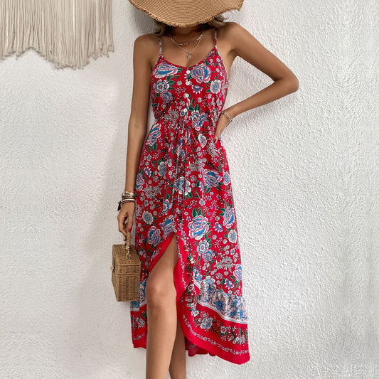 Women's Floral Printed Asymmetric Sling Dress