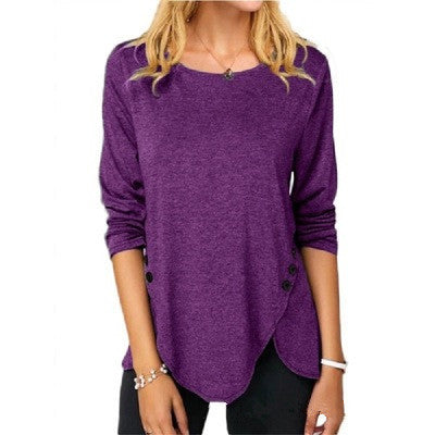 Trendy Long Sleeve Round Neck T-shirt with Asymmetrical Button Hem - ChicVix