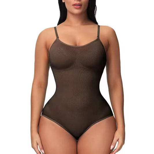 V-Neck Spaghetti Strap Compression Bodysuit with Open Crotch Shapewear for Slimming and Smoothing