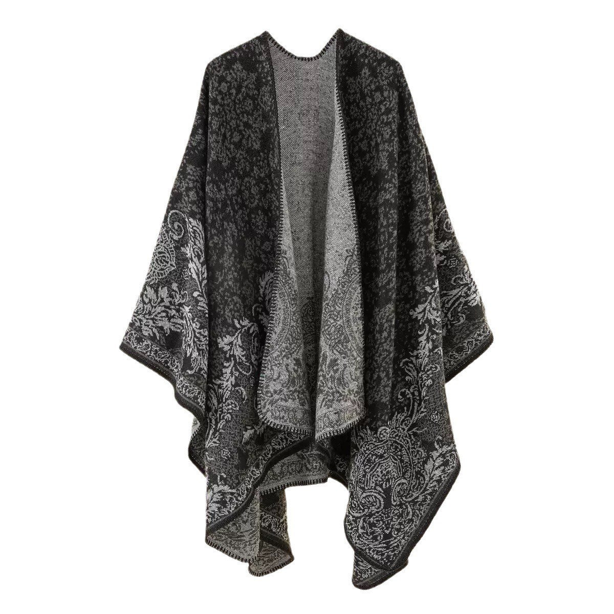 Women's Double-Sided Tassel Cloak Shawl – Classic Jacquard Graffiti Pattern, Hand-Painted Travel Cloak