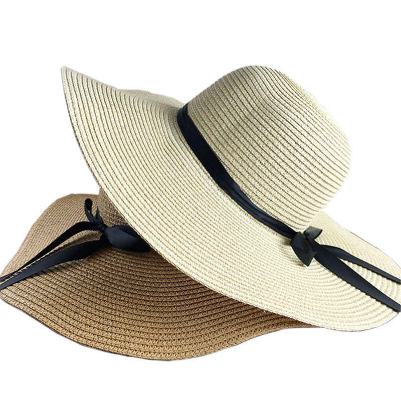 Women's Summer Beach Sun Hat with Bow Ribbon – Foldable Straw Hat for Seaside Vacation - ChicVix