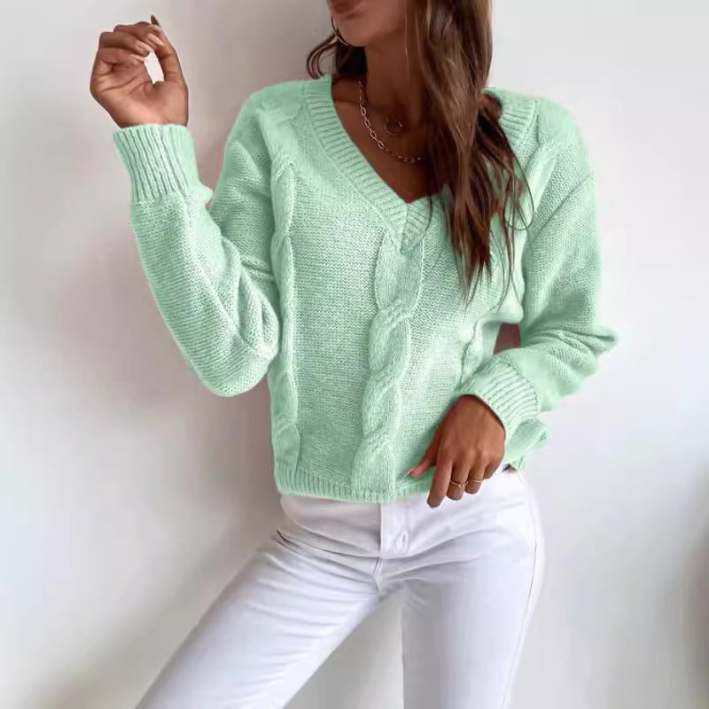 V-neck Loose Fit Long-sleeve Sweater for Autumn and Winter - ChicVix