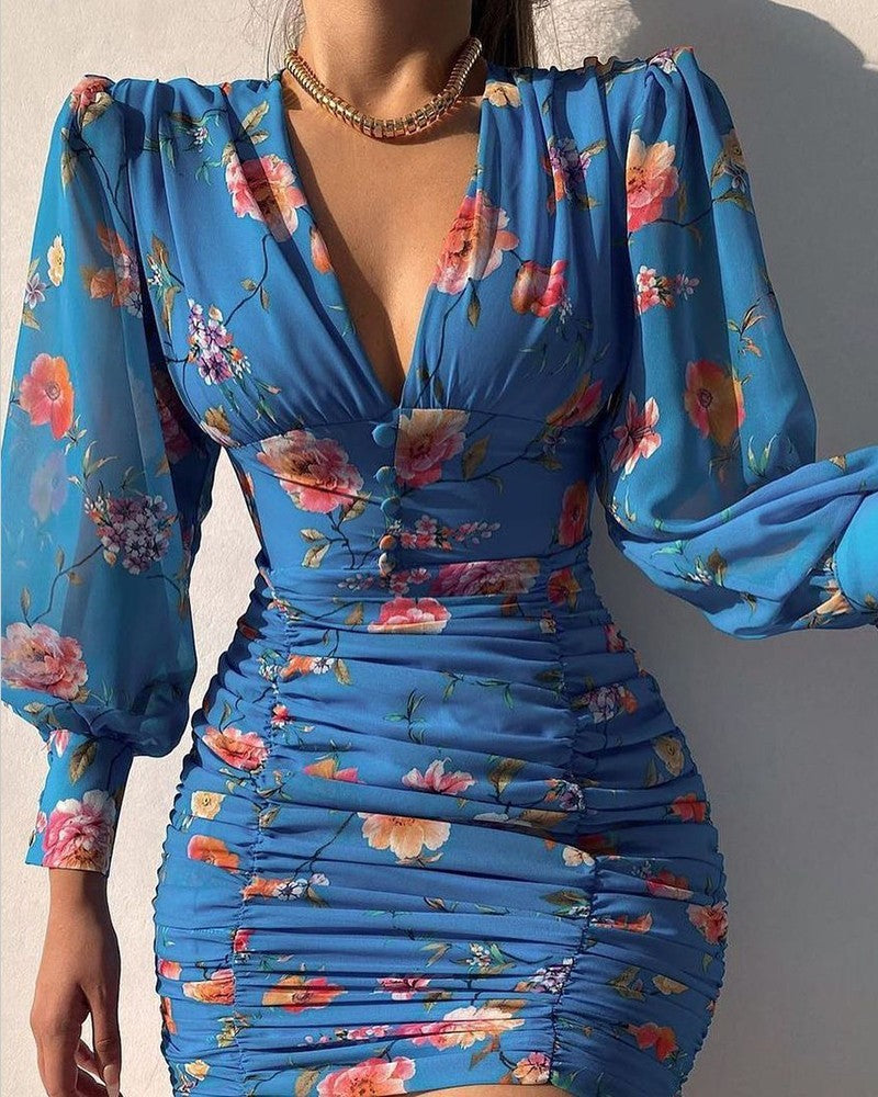 Euramerican Sexy V-Neck Bodycon Dress with Printed Design