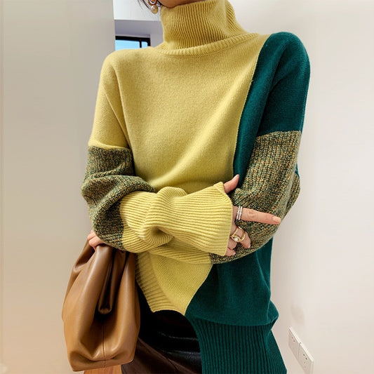 Casual Women's High Neck Sweater - Loose Fit with Contrasting Colors