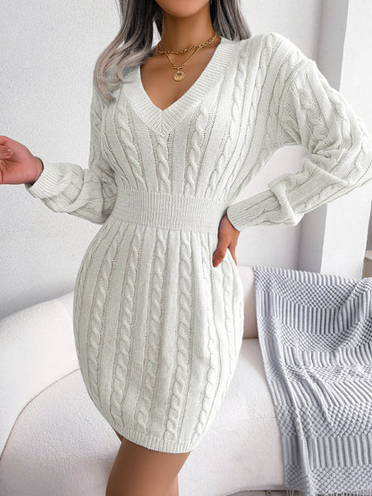 Solid Color V-Neck Long Sleeve Slim Knit Dress with Lantern Sleeves