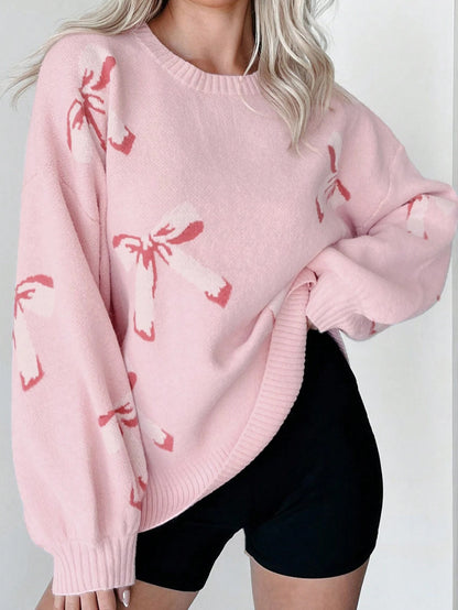 Lazy Style Bow Jacquard Sweater - Loose Pullover for Women - ChicVix