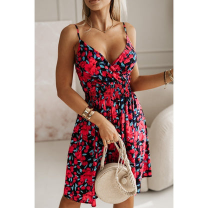 Floral V-Neck Summer Suspender Dress - Beachwear Pleated Short Dress for Women