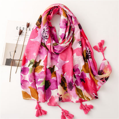 Women's Soft Cotton-Linen Feel Scarf - Ink Painting Tassel Shawl - ChicVix