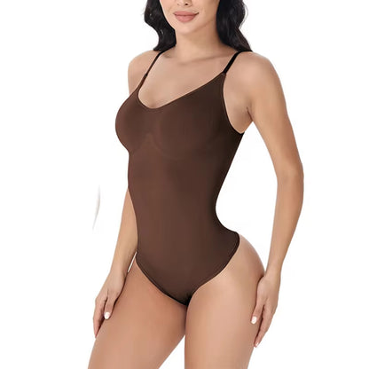 V-Neck Spaghetti Strap Compression Bodysuit with Open Crotch Shapewear for Slimming and Smoothing