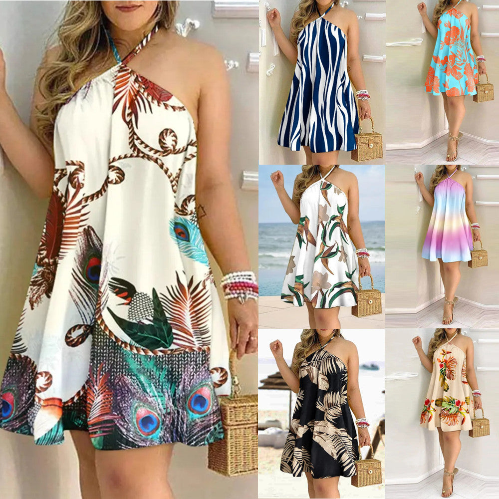 Printed Summer Off-Shoulder Hanging Neck Sleeveless A-Line Dress – Sexy Mid-Length Women's Dress