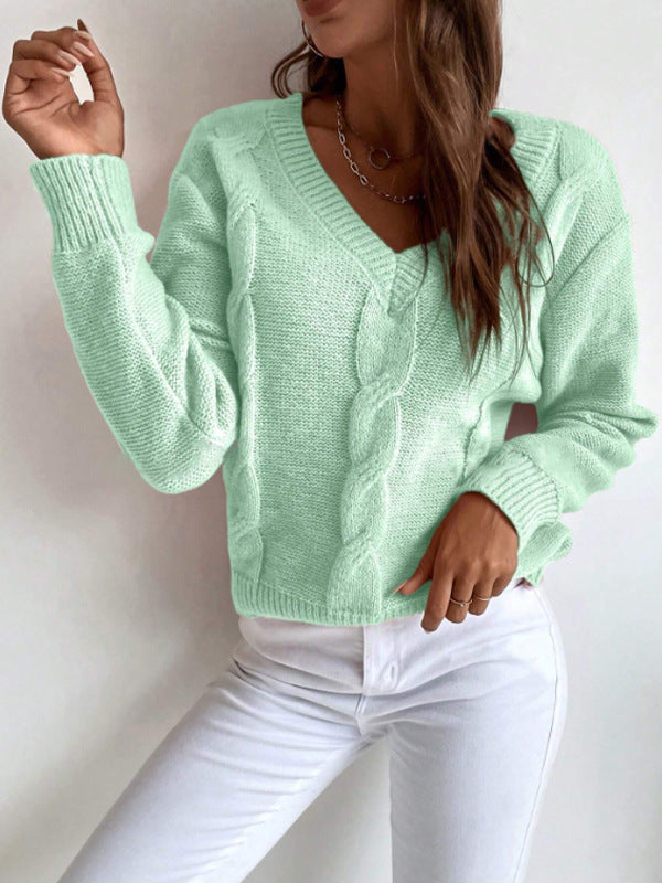 V-neck Loose Fit Long-sleeve Sweater for Autumn and Winter - ChicVix