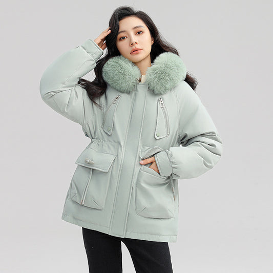 Horn Button Parka: Women's Loose Jacket with Fur Collar