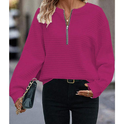 Solid Color Long Sleeve Women's Sweater with Zipper Detail - ChicVix