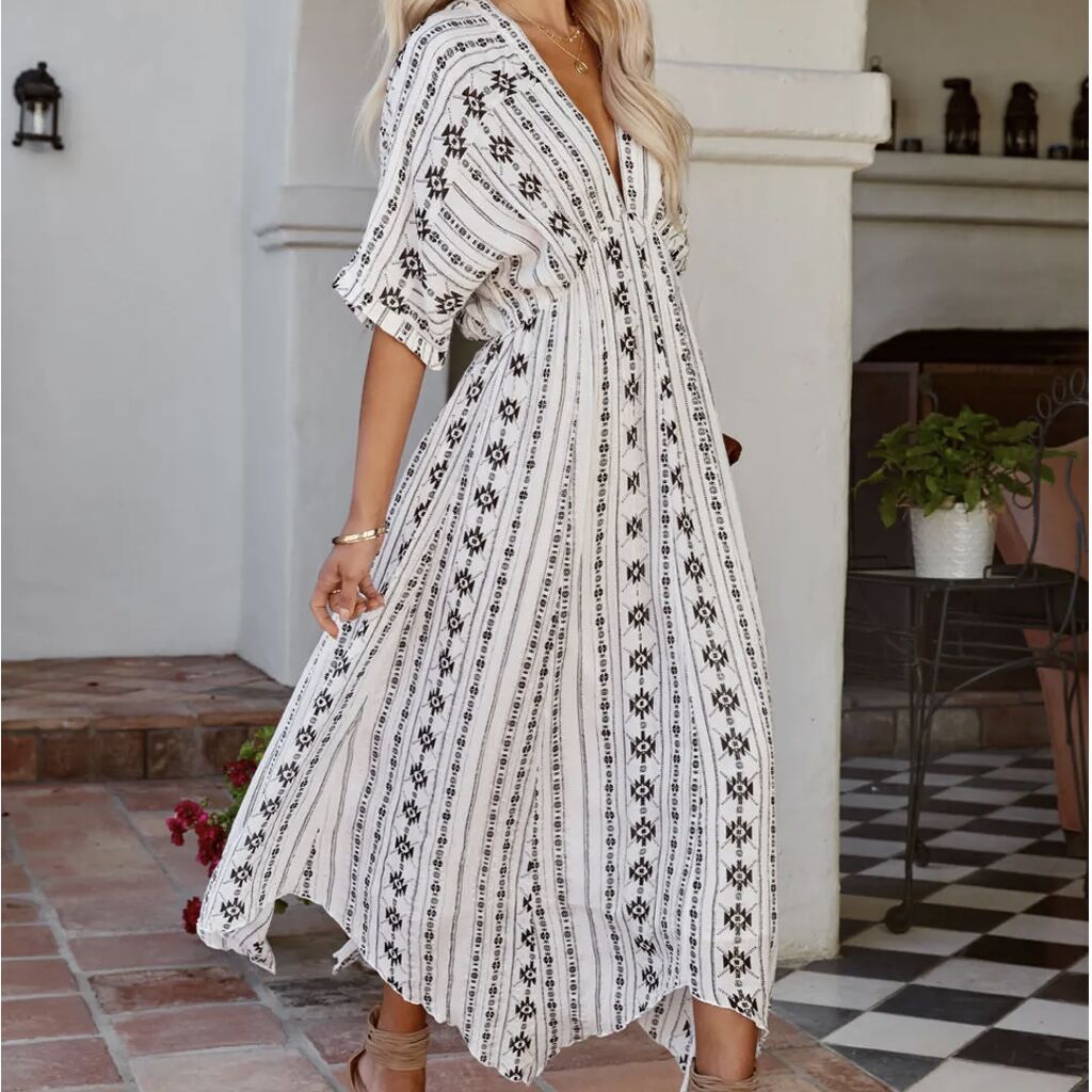 Women's Bohemian V-Neck Short Sleeve Maxi Dress - ChicVix