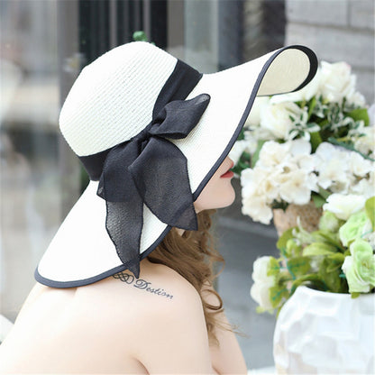 Women’s Casual Straw Sun Hat with Bow - Foldable Floppy Hat - ChicVix