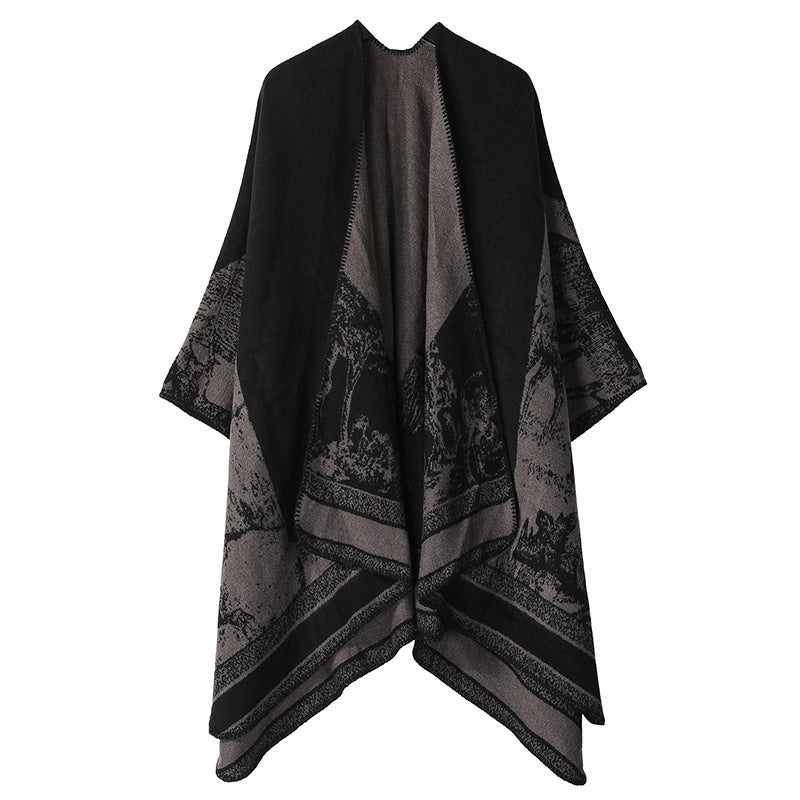 Women's Double-Sided Tassel Cloak Shawl – Classic Jacquard Graffiti Pattern, Hand-Painted Travel Cloak