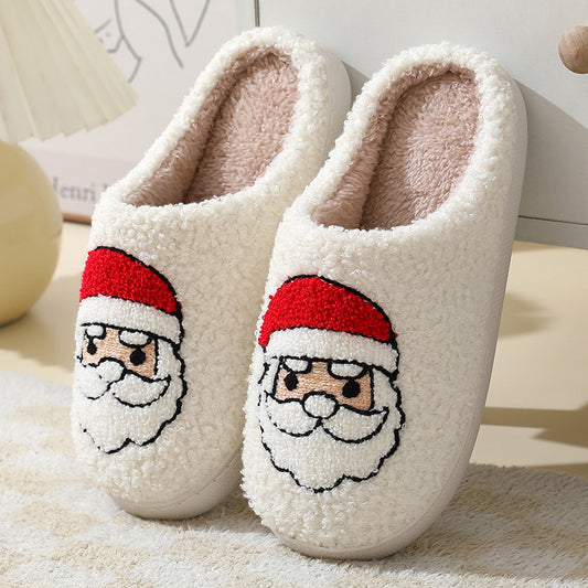 Christmas Cartoon Santa Claus Cotton Slippers – Cozy Winter Furry Shoes for Couples