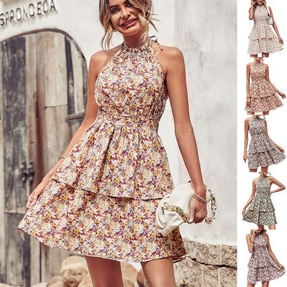 Summer Boho Halter Backless Ruffled A-Line Beach Dress