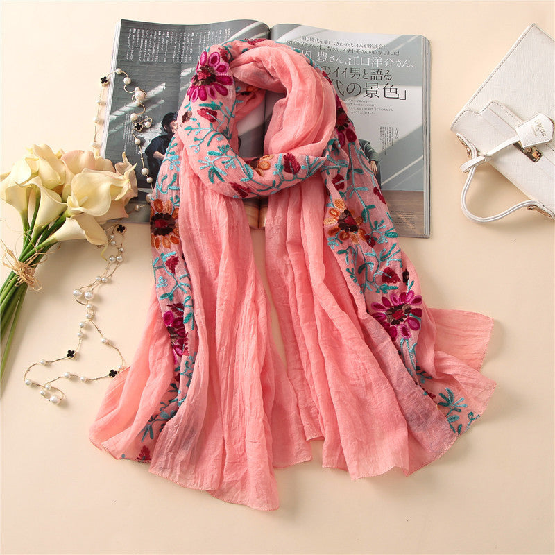 Embroidered Cotton Scarf with Floral Hook Design – Elegant Women's Accessory