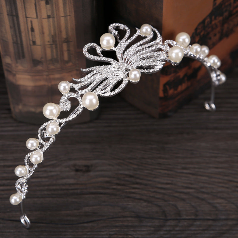 Elegant Pearl Swan Crown Bridal Headdress – Korean Style