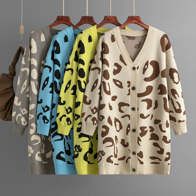 Women's Leopard Print Mid-Length Cardigan Sweater