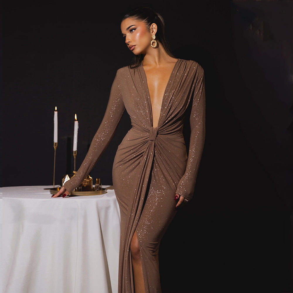 Elegant Deep V-neck Ribbon Slit Slim-fit Long Sleeve Dress