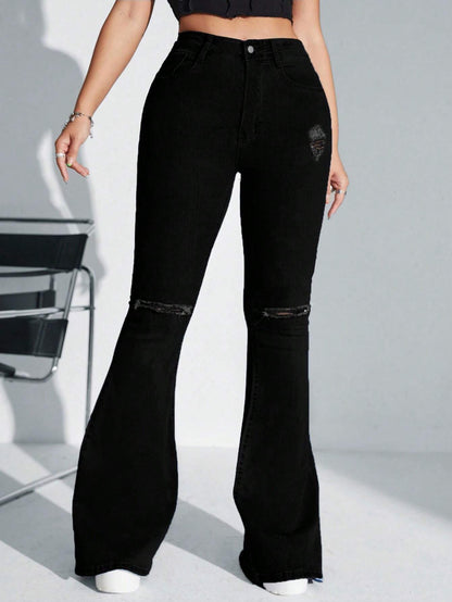 SHEIN SXY High-Waisted Ripped Flare Leg Jeans